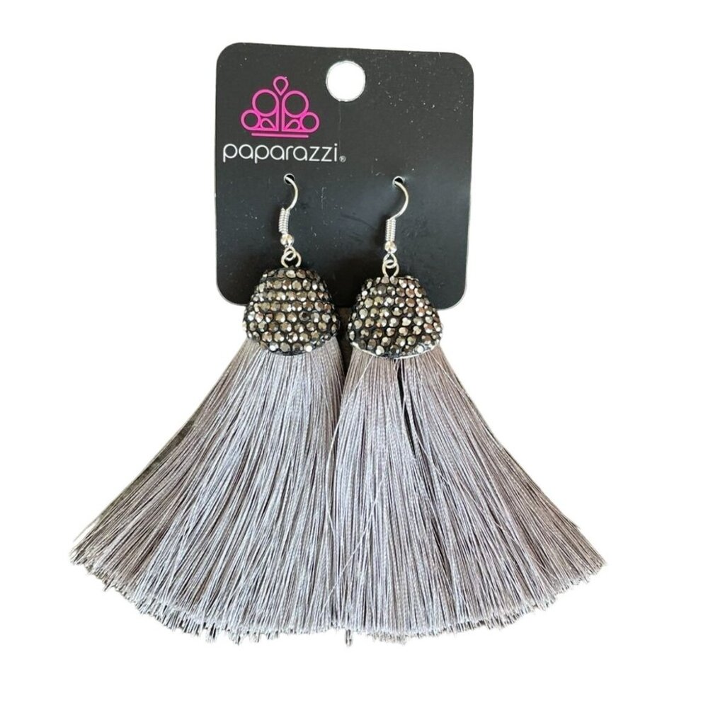 Silver Rhinestone Tassel Earrings Razzle Riot - Picture 5 of 6